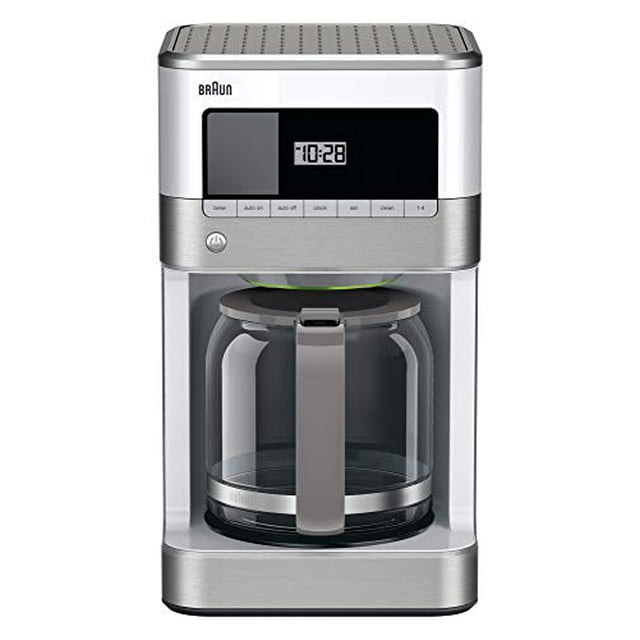 Braun Brewsense Drip Coffee Maker - 12 Tasses - KF6050WH avec Fini Blanc et Acier Inoxydable, Horloge Numérique et Boutons de Commande au-Dessus d'Un Carafet de Saveur en Verre avec Poignée Grise, Conçu pour une Infusion Précise et une extraction de Saveur de Café Frais.