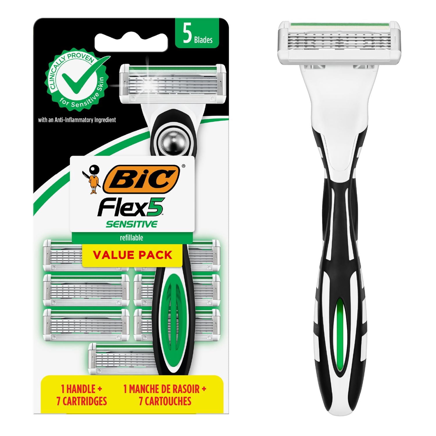 BIC Flex 5 Sensible le rasoir manuel pour hommes, 5 lames rechargeables, rasage confortable, 1 manche et 7 cartouches