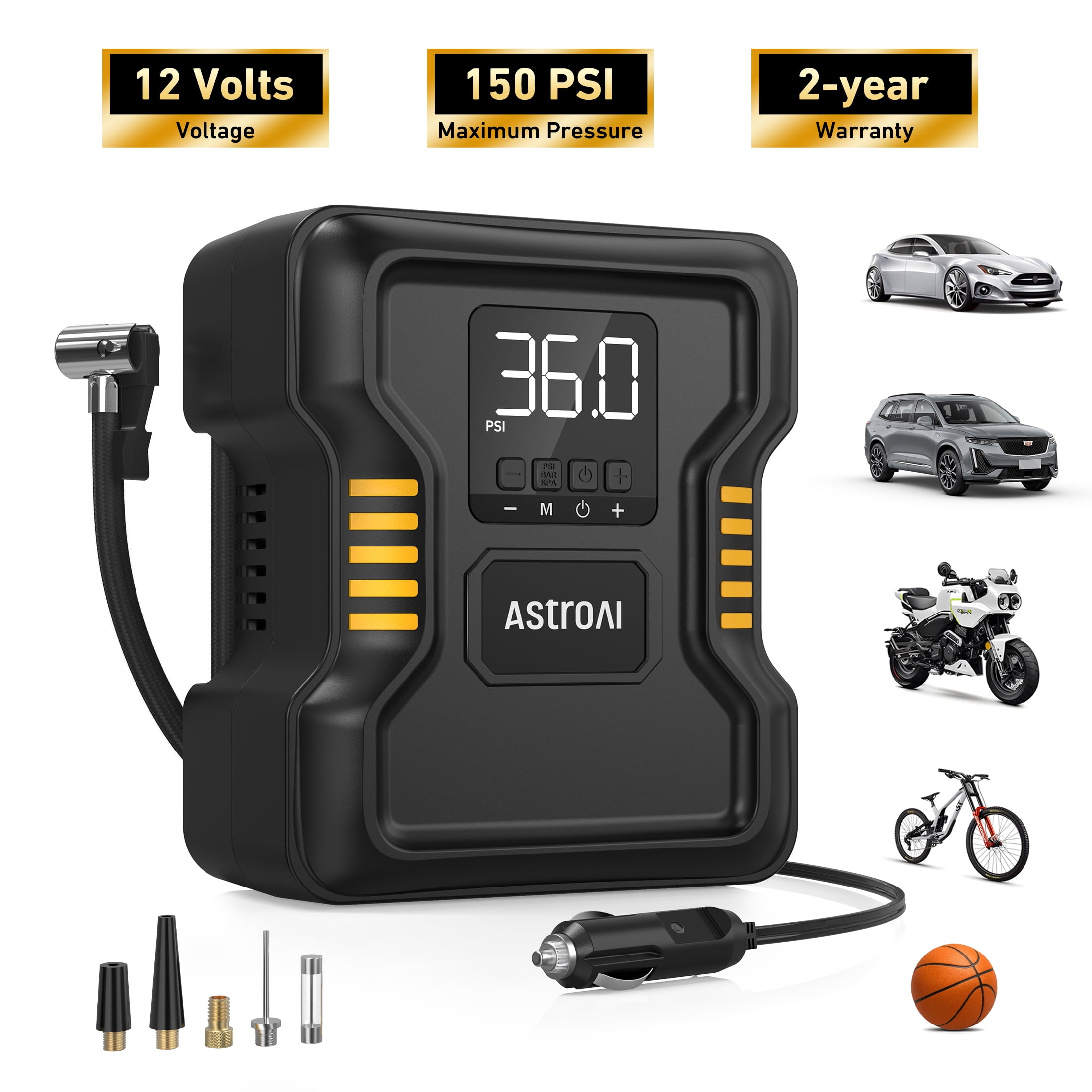Compresseur de pneus AstroAI 150PSI, pompe à air portable en métal avec lumière LED pour pneus, 12V DC