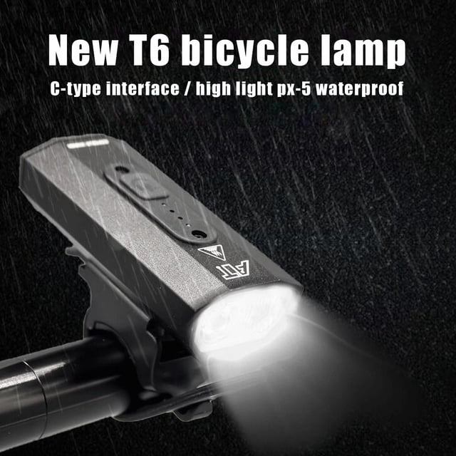 EGNMCR USB Rechargeable Bicycle Light featuring a sleek black ABS body with a compact size of 8 x 2.2 x 3.5 cm. The light emits up to 500 lumens using advanced LED technology, offering six lighting modes for versatile use. It is mounted on a bicycle handlebar and shown in a rain setting, highlighting its waterproof design. The USB rechargeable battery has a 1500mAh capacity, fully charging in 3 hours and lasting up to 10 hours in strobe mode. Ideal for nighttime visibility and safety.
