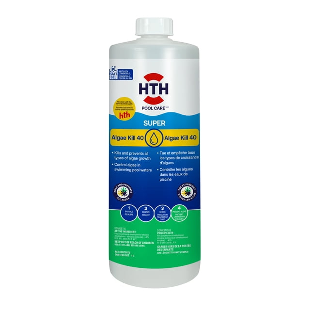 hth Garde-Algues 40, Bouteille d'Algécide pour Piscine 1 L avec Bouchon à Vis Blanc et Étiquette Multicolore Présentant le logo hth, Conçue pour l'Entretien de la Piscine pour Tuer et Prévenir Tous les types de Croissance des Algues, compatible avec les Piscines au Sel, Contrôle les Algues dans l'Eau de la Piscine, Fait Partie d'Un Programme d'Entretien de la Piscine en 4 Étapes.