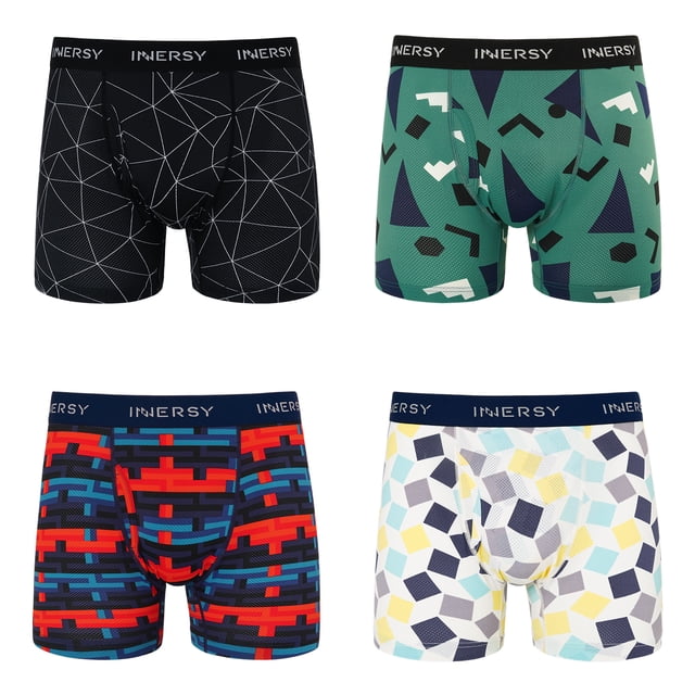 INNERSY Men's Underwear Soft Mesh Breathable Boxer Briefs 4-Pack in assorted patterns, designed for comfort and breathability. Features lightweight fabric ideal for summer wear, with vibrant geometric designs including black, green, red, and multicoloured styles. Supportive waistband branded with 'INNERSY'.
