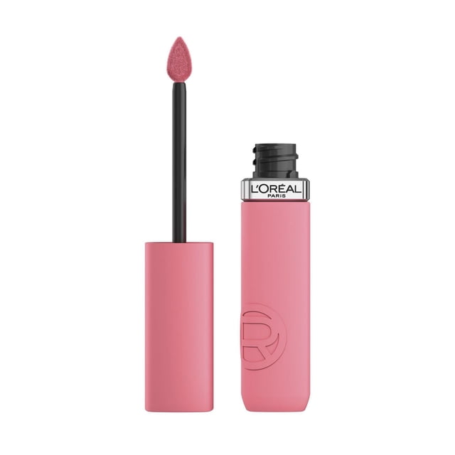 L'Oréal Paris Infallible Matte Resistance Liquid Lipstick, 5 mL, with the cap removed to show a plushy teardrop applicator tip coated in pink matte liquid lipstick, contained in a pink matte rectangular tube embossed with the L'Oréal logo, ideal for long-lasting, high-intensity colour and a powdery matte finish.