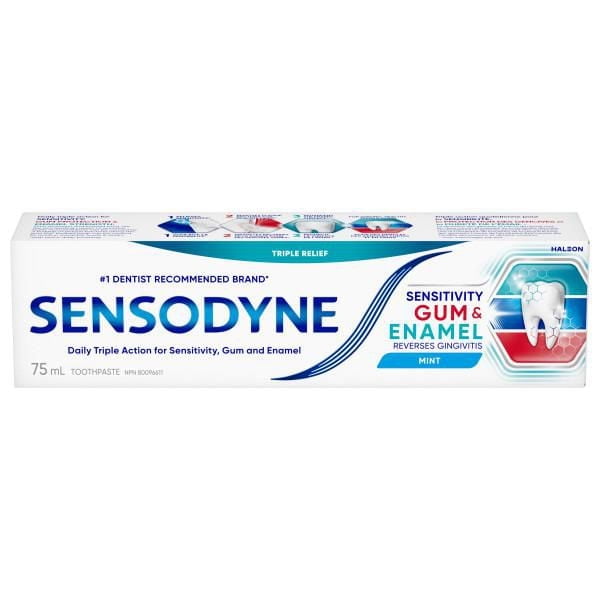 Sensodyne Sensitivity Gum & Enamel Mint Toothpaste 75 mL in a white rectangular box with blue and red text, offering daily triple action relief for sensitivity, gum health, and enamel rehardening, featuring a mint flavor and a tooth graphic showing enamel protection and gum care.