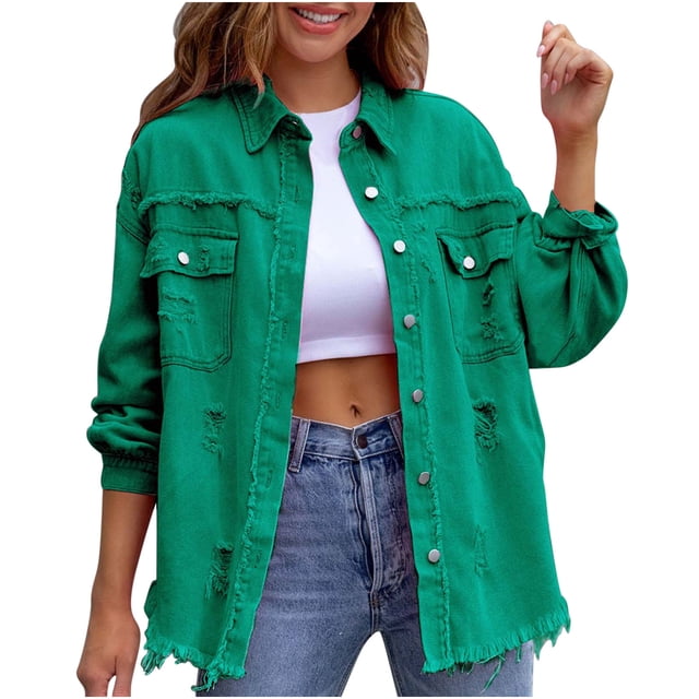 Birdeem Veste en Denim Décontractée pour Femmes à Manches Longues, Ample, à Boutons, avec Franges et Trous
