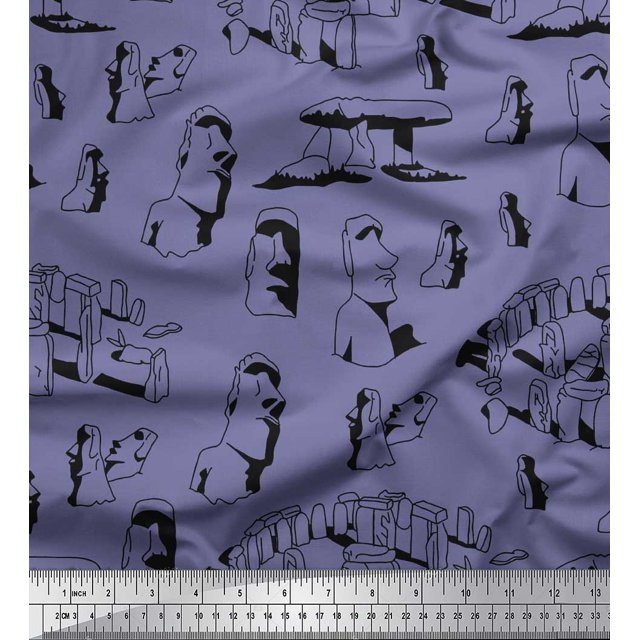 Soimoi Poly Georgette Fabric Easter Island Statue Face Print Fabric by Yard 42 Inch Wide