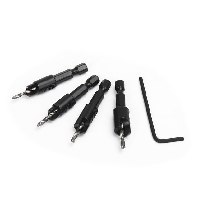 WorkPro Countersink Drill Bits 5 piece set with black steel adjustable counter sleeves and pilot drill bits for screw sizes #6, #8, #10, and #12, featuring a 1/4 inch hex shank for quick change compatibility, plus a hex wrench, displayed on a white background.