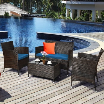 Costway 4PCS Rattan Patio Furniture Set Cushioned Sofa Chair Coffee Table Peacock Blue