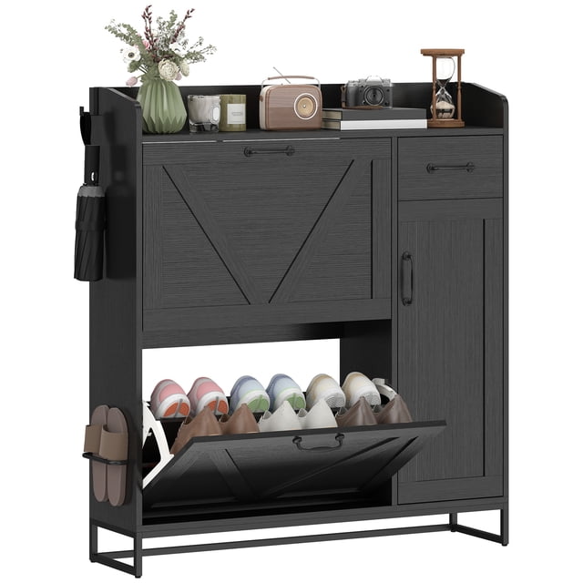 HOMCOM Armoire à Chaussures, Armoire de Rangement pour Chaussures Style Ferme avec Armoire Latérale Noire