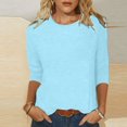 thumbnail image 1 of CHUANK T-Shirt Ajusté à Col Rond Mignon pour Femmes, Décontracté, Mi-Long, Manches 3/4, Blouse Extensible, Basique, Uni, Hauts, 1 of 5