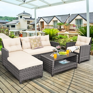 Costway Ensemble de Meubles en Rotin pour Patio 4 Pcs Canapé Ottoman Coussin Jardin Terrasse Blanc