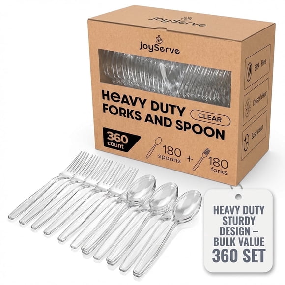 JoyServe Ensemble de Fourchettes et Cuillères en Plastique Transparent, Lot de 360, 180 Fourchettes et 180 Cuillères, Couverts Robustes