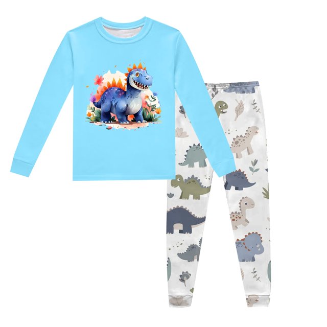 Pyjamas Garçon Ensemble de Pyjama Imprimé Dinosaure Col Rond Manches Longues Pantalon 2 Pcs Printemps Automne Pyjamas Enfants Bleu Clair 4 Ans-5 Ans