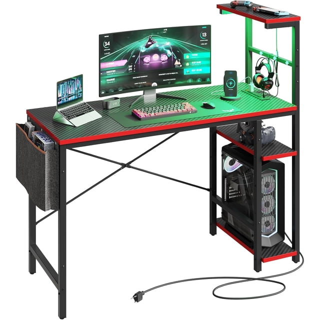 Bestier 44 inch LED Gaming Desk with Outlets Computer Desk with Storage Shelves Adults