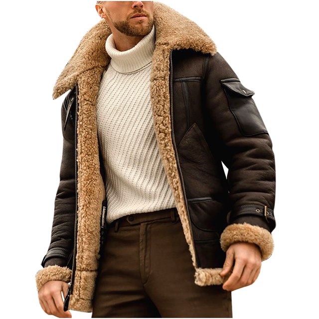 Veste d'Hiver pour Hommes Décontractée Unie à Col Rabattu, Épaissie et Fraîche, à Fermeture Éclair, Veste Patchwork. la Veste Présente un Extérieur Brun Foncé avec une Doublure sherpa beige Douce visible sur le Col, les Poignets et les Bords Intérieurs. Elle a une Fermeture Éclair à l'Avant, des Manches Longues et une Poche Appliquée sur le Bras. Fabriquée en polyester, Elle Est Conçue pour un Style Décontracté et Stylé. Convient aux occasions Extérieures, Décontractées et Quotidiennes.
