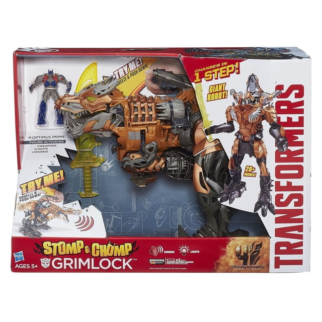Transformers Age of Extinction Figurine Grimlock à Mâcher et à Écraser, un robot Dinosaure Brun et Gris de 20 Pouces avec Yeux Lumineux et Mâchoire Mordante, Comprend une Épée Jaune et Présente des Sons et des Lumières, Convient aux Enfants de 5 Ans et Plus, avec transformation en une Étape du dino en robot Géant.