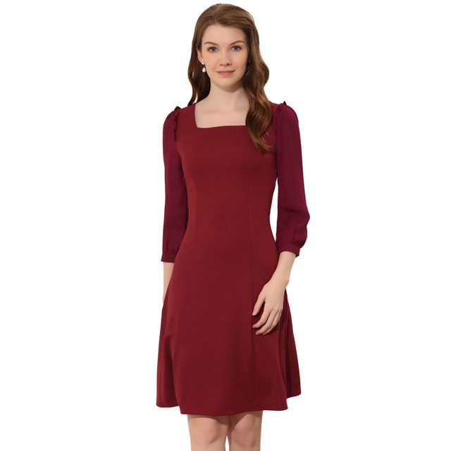 INSPIRE CHIC Women's Square Neck Ruffle Trim Sheer 3/4 Sleeve Chiffon Mini Dress 1 XS