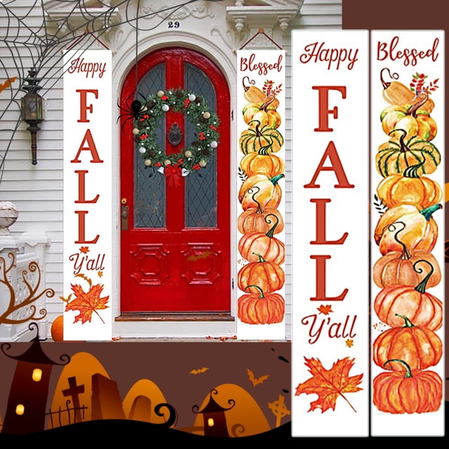 BJUTIR Fall Decorative Banners Thanksgiving Decor Party Decorations Autumn Door Sign Pumpkin Maple Leaf Welcome Porch Sign For Fall Party Garden Yard