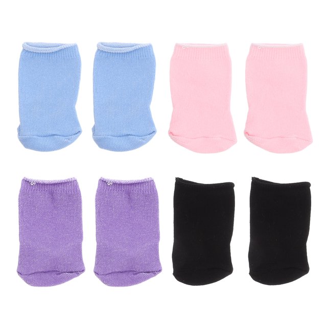 4 pairs of colored mini socks for doll dress-up, featuring assorted colors including blue, pink, purple, and black. These miniature cloth socks are ideal for doll clothes and dollhouse accessories, enhancing imaginative play and doll wardrobe customization.