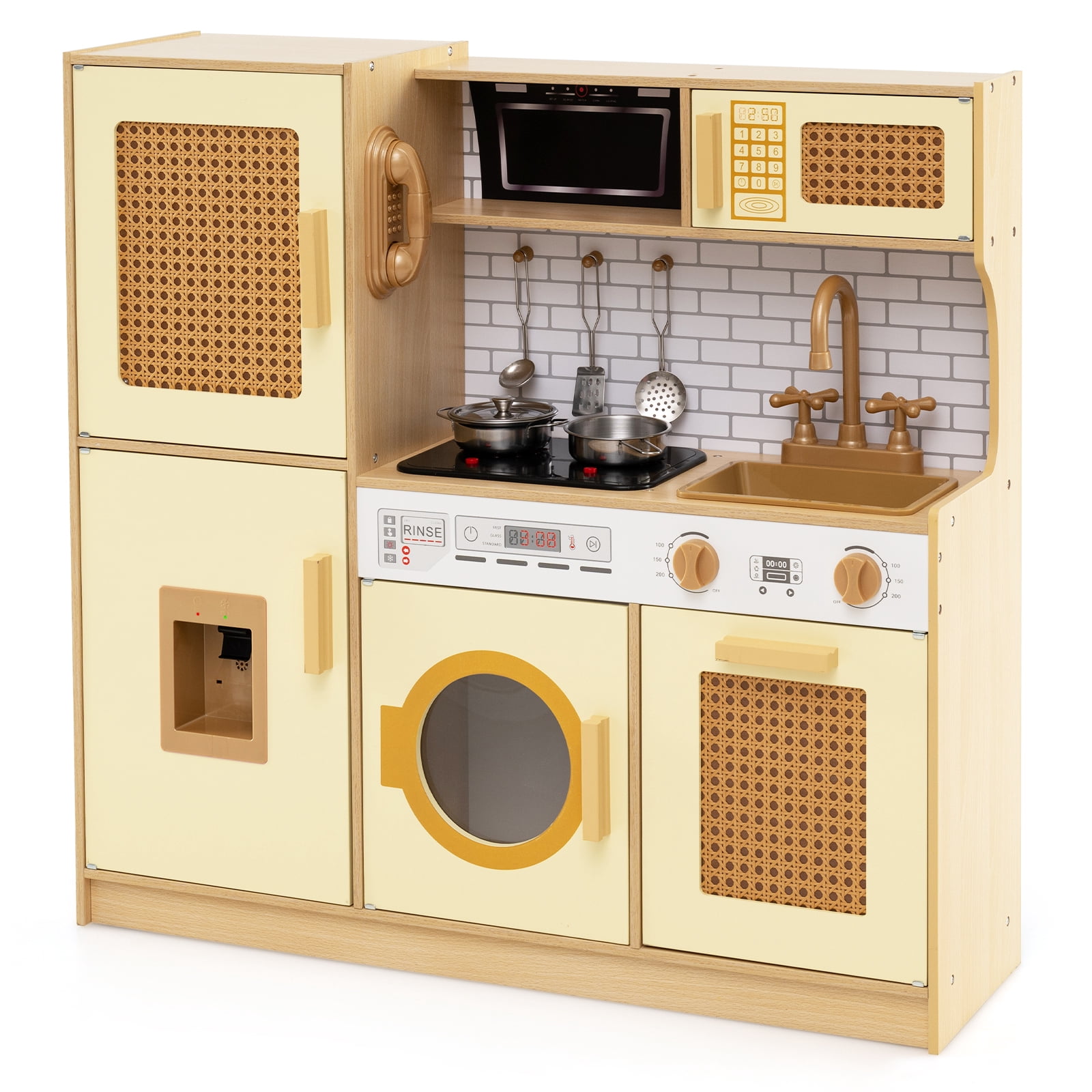 Patiojoy Kids Kitchen Playset Wooden Play Kitchen w/Realistic Lights & Sounds Yellow