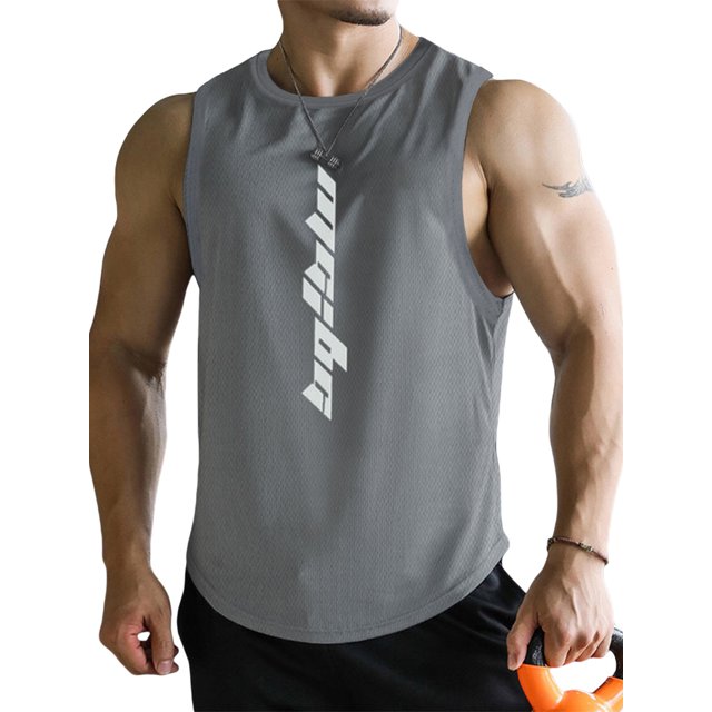 Summer Men's Sports Vest Letter Printed Round Neck Sleeveless Quick-Dry Workout Tank Tops