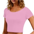 thumbnail image 2 of VSSSJ Hauts Courts pour Femmes Manches Courtes Col Rond Extensible Chandail Décontracté Ajusté Uni Confortable Été Basique T-Shirts Courts Or Rose Taille Unique, 2 of 5