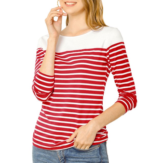 INSPIRE CHIC Blouse pour Femme à Rayures à Blocs de Couleur à Manches Longues T-Shirt Décontracté m Rouge-Blanc