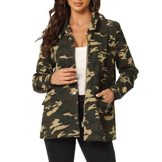 INSPIRE CHIC Women's Utility Jackets Drawstring Waist Flap Pockets Lightweight Jacket Camouflage S