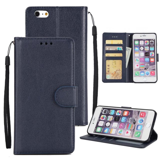 PST iPhone 6 / 6s Case, Leather Magnetic Card Slot Wallet Folio Flip Case Cover in a dark blue synthetic leather finish. The case features multiple credit card slots, a pocket for bills, and a magnetic clasp for secure closure. It includes a detachable wrist strap and can be converted into a media stand. The inner TPU case provides shock absorption for added protection. Shown with an iPhone 6 displaying the home screen and cards stored in the wallet slots.