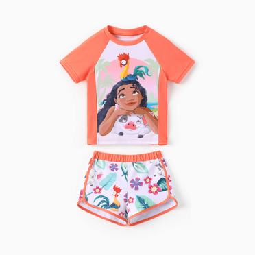 Disney Disney Princess Fillette Tout-Petit 2 Pcs Moana/Ariel Imprimé Floral/coquillage à Blocs de Couleur Haut à Manches Courtes et Short Ensemble de Maillot de Bain UPF 50+