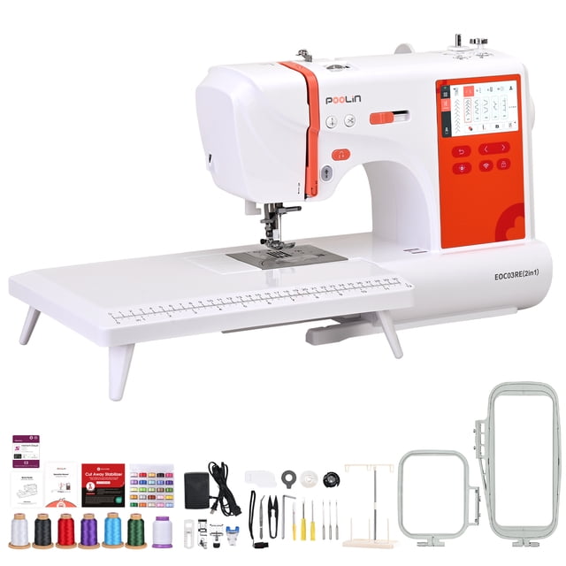 Poolin EOC03RE(2in1) Computerized Sewing & Embroidery Machine with a white and red design, 4x9.25-inch embroidery area, and 4.3-inch touchscreen for intuitive use. Ideal for arts and crafts, it includes accessories like embroidery hoops, sewing threads, stabilizers, and tools. Features wireless LAN connectivity for file transfer, 156 embroidery patterns, 206 sewing stitches, and 8 fonts for personalized projects.