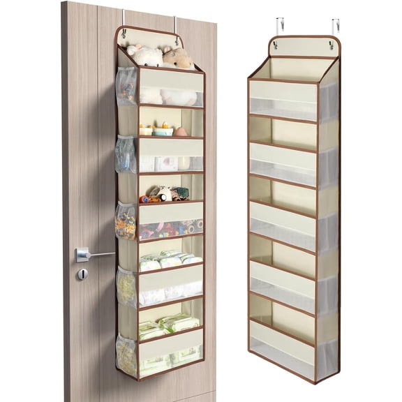 Organisateur Suspendu à 5 Niveaux par-Dessus la Porte, Yecaye 1 Paquet 15 Pochettes Étagères de Rangement Murales pour Garde-Robe pour Salle de Bain, Beige