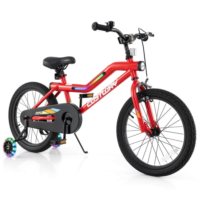 Costway Vélo pour Enfants de 18 Pouces avec Lumières DEL et Selle Ajustable, Frein à Rétropédalage, Roues Stabilisatrices Rouges. Bicyclette pour Enfants de 4 à 8 Ans avec Lumières DEL, 7 Couleurs et modes, Phare Lumineux et Roues Stabilisatrices Lumineuses. la Hauteur de Selle Réglable de 25 Pouces-29 Pouces Permet au Vélo de Grandir avec les Enfants. les Caractéristiques de Sécurité Incluent un Système de Freinage Double, un Garde-Chaîne Entièrement Fermé, des Pneus en Caoutchouc Antidérapants et Plusieurs Réflecteurs pour la Visibilité. le Cadre en Acier au Carbone Supporte jusqu