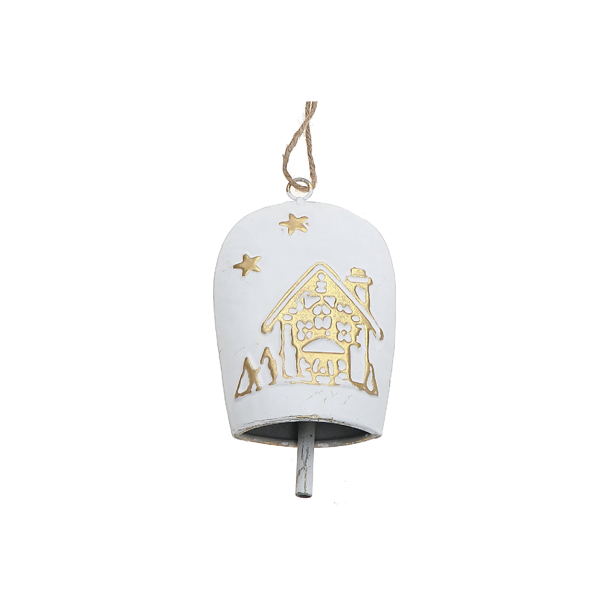White & Gold Metal Embossed Cow Bell Ornament - Set of 4