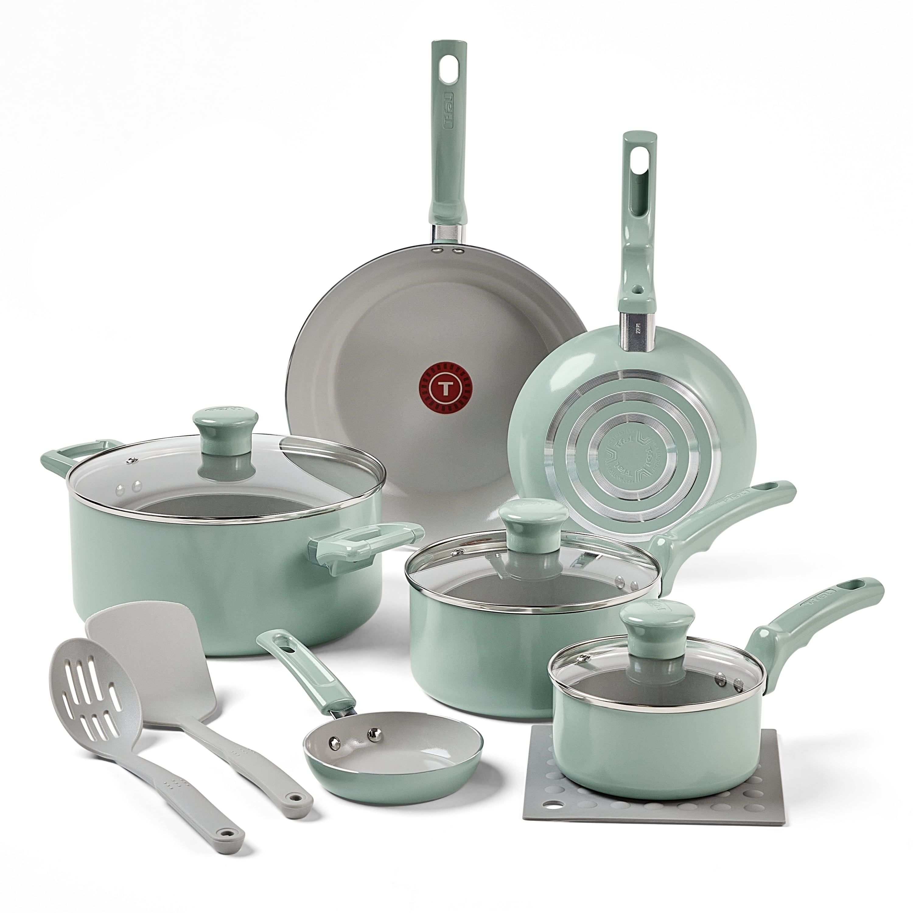 T-Fal Refresh Ceramic Nonstick Cookware Set, Oven Safe Up to 350ºF, 12-Piece, Includes Stockpot, Griddle, Frying Pans, Utensils, Ceramic Pots and Pans Set, Mint Green