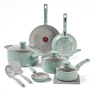 T-Fal Refresh Ensemble de cuisine antiadhésive en céramique, sans danger pour les fours jusqu'à 350oF 12-Piece, Inclut la mise en stock, le gril, les poêles, les ustensiles, les pots et les casseroles en céramique, le vert menthe