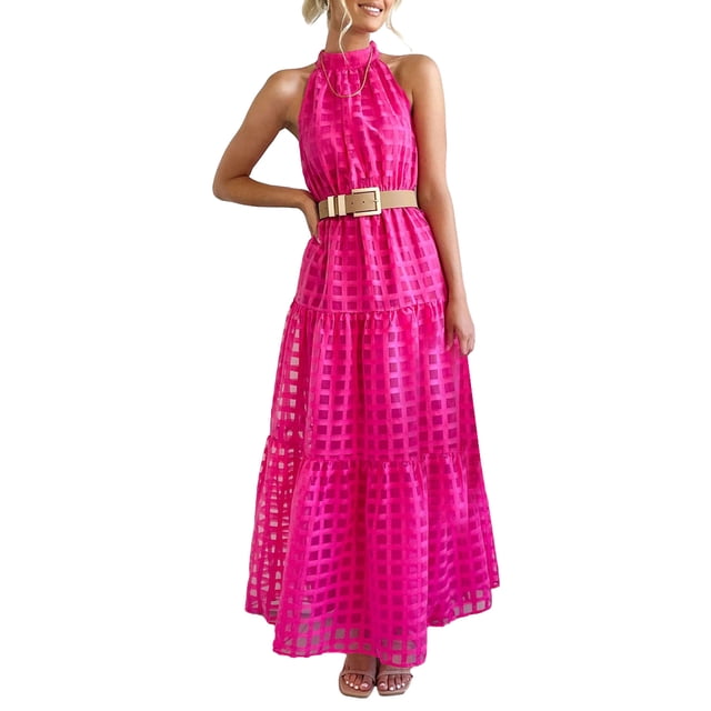 SUNSIOM Robe Longue pour Femme, une Élégante Robe d'Été Sans Manches à Col Roulé à Carreaux, Coupe Évasée, en Rouge rose. la Robe Présente un Tissu Léger 100 % polyester avec un Motif à Carreaux, un Col à Col Roulé et une Ceinture Assortie pour un style Accru. le Modèle Met en Valeur la Robe avec une Coupe Décontractée, Parfait pour les Cocktails, les Fêtes Ou les Sorties Décontractées. Disponible en Tailles P à TG.
