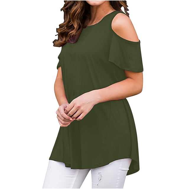Timegard Womens Tops Cold Shoulder Crew Neck Short Sleeve Tunic Tops Mid Long Comfy Summer Casual