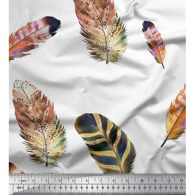 Soimoi Orange Rayon Fabric Artistic Feather Fabric Prints By Yard 42 Inch Wide