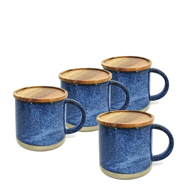 BIA S/4 Reactive Mugs with Lid, Blue, set of four 400 ml stoneware coffee mugs with reactive blue glaze creating unique patterns, rustic acacia wood lids that double as coasters, round handles, and beige bases, suitable for enjoying coffee or as small storage containers.