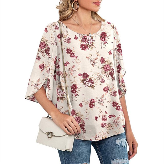 Haut à Manches Mi-Longues Imprimé pour Femme, Col Rond, Chemisier Décontracté Imprimé, Jaune Pâle, Fleur, L