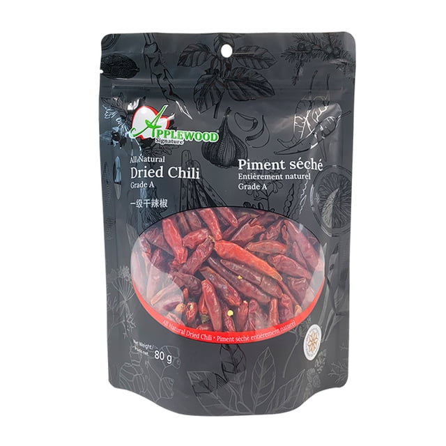 Applewood Signature Piment Rouge Séché de Qualité A 80 g, Pochette Refermable avec Piments Rouges Entiers Séchés à Peau Fine et Chair Épaisse, Idéal pour Fondue Chinoise et Mélanges d'Épices Authentiques, Stable à Température Ambiante et 100 % Naturel, Souvent Utilisé pour la Préparation de Poudre de Piment et d'Huile de Piment.