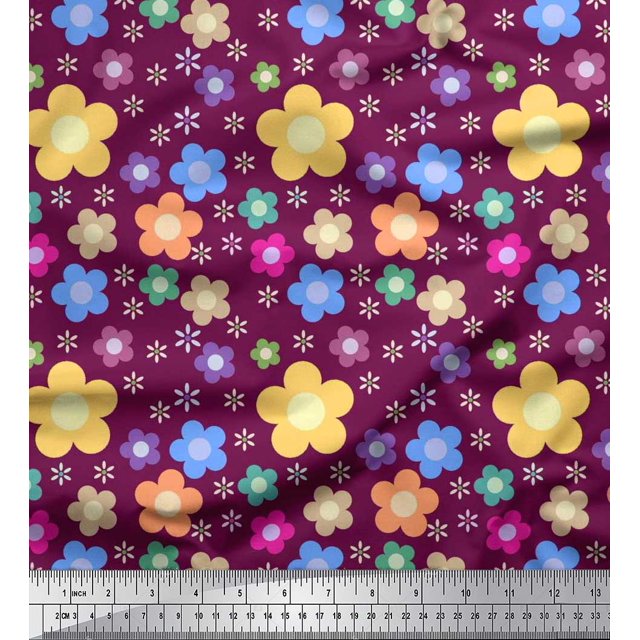 Soimoi Polyester Crepe Fabric Floral Clip Art Print Sewing Fabric Yard 52 Inch Wide
