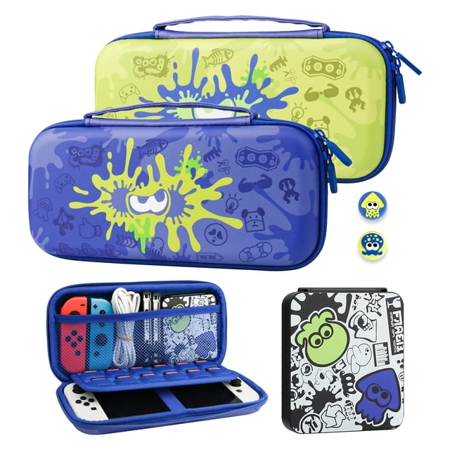 RHOTALL Étui de Transport Bleu pour Nintendo Switch & Switch OLED, Coque pour splatoon 3, Étui Rigide Portable de Voyage pour Accessoires de Jeu Switch, Ensemble avec Étui de Jeu et 2