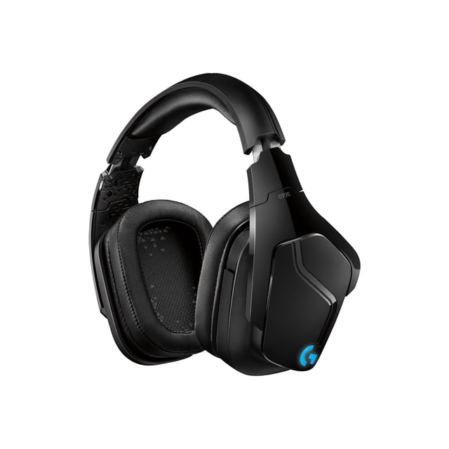 Logitech G935 Wireless 7.1 Surround Lightsync Gaming Headset in black with blue illuminated logo, featuring adjustable over-the-head binaural design, large cushioned circumaural ear cups, noise-canceling cardioid microphone with flexible boom, and in-line audio controls, ideal for PC gaming with USB and 3.5mm wired or wireless connection, also suitable for immersive multimedia use.