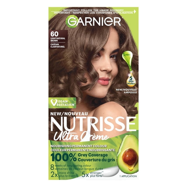 Garnier Nutrisse Teinture Capillaire Permanente Ultra Crème en 60 Brun Naturel Clair, Enrichie de Cinq Huiles de Fruits Nourrissantes, Dont l'Avocat, Offrant une Couverture des Cheveux Gris à 100 % et une Couleur Longue Durée jusqu'à 8 Semaines avec une Formule Végane Résistante à la Décoloration pour une Brillance Éclatante et des Cheveux Doux.