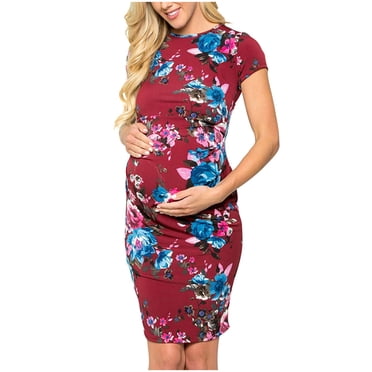 Robe de Maternité pour Femmes, Allaitement, Couleur Unie et Florale, Fronces Latérales/robe Moulante à Manches Courtes et Col Ras du Cou, Shower de Bébé, Tenue Quotidienne, Vêtements de Grossesse