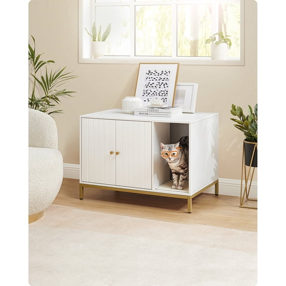 Feandrea Meuble Cache-Litière, Meuble Moderne pour Litière de Chat Dissimulé, avec Tapis à Griffer, Pattes Hautes, Niche pour Chat, Table d'Appoint Latérale, 31.5 x 19.7 x 21.7 Pouces, Blanc et Or