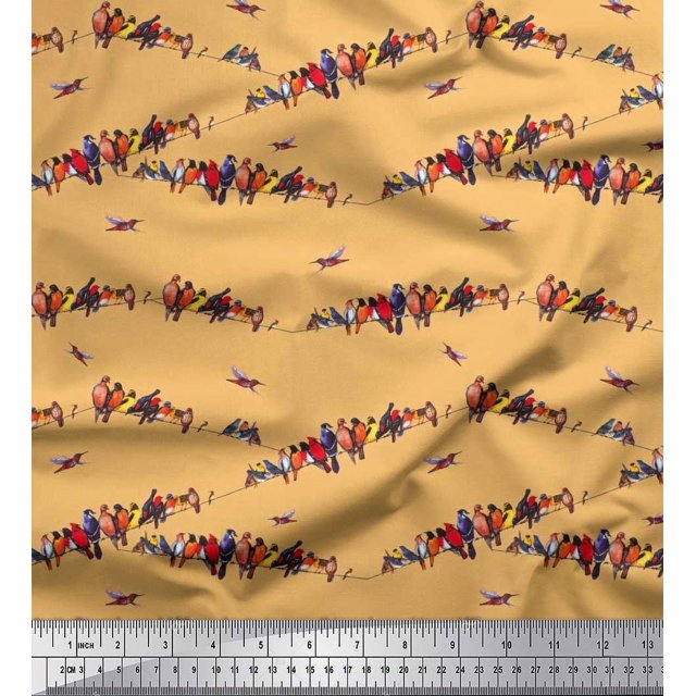 Soimoi Crepe Silk Fabric Colorful Bird Print Fabric by the Yard 42 Inch Wide