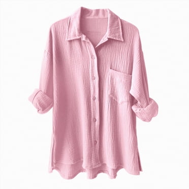 WUANDIXFA Hauts de Sortie Blouse d'Été Femme Blouse Élégante Chemise Coton Survêtement Ample Chemise de Loisirs Tunique à Manches Longues Longue Chemise Rose,G